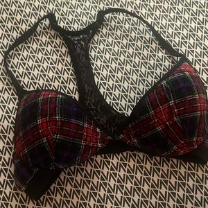 Material Girl Red and Black Plaid Lace Bra